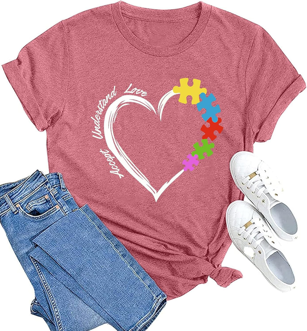 MAIHUN Autism Awareness Shirt for Women - Accept, Understand, Love Autism - Teacher Tshirt - Support Month Tee