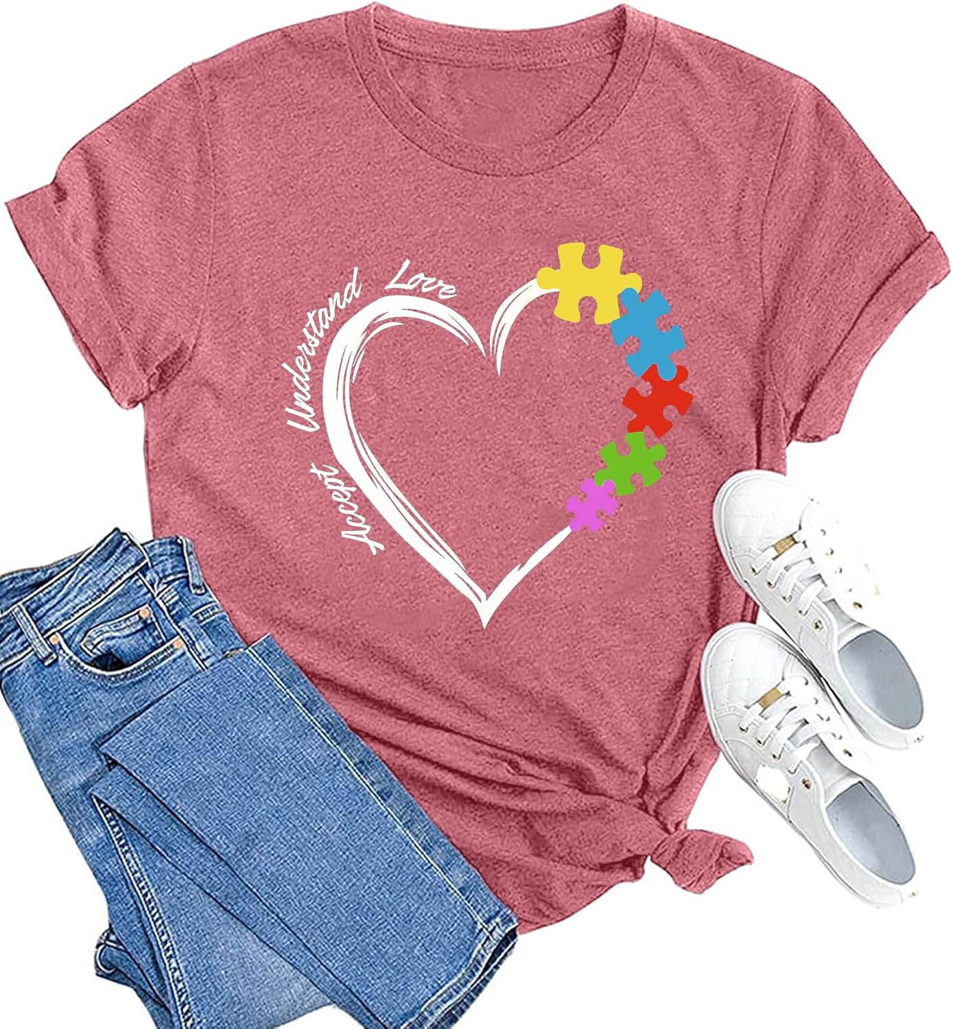 MAIHUN Autism Awareness Shirt for Women - Accept, Understand, Love Autism - Teacher Tshirt - Support Month Tee