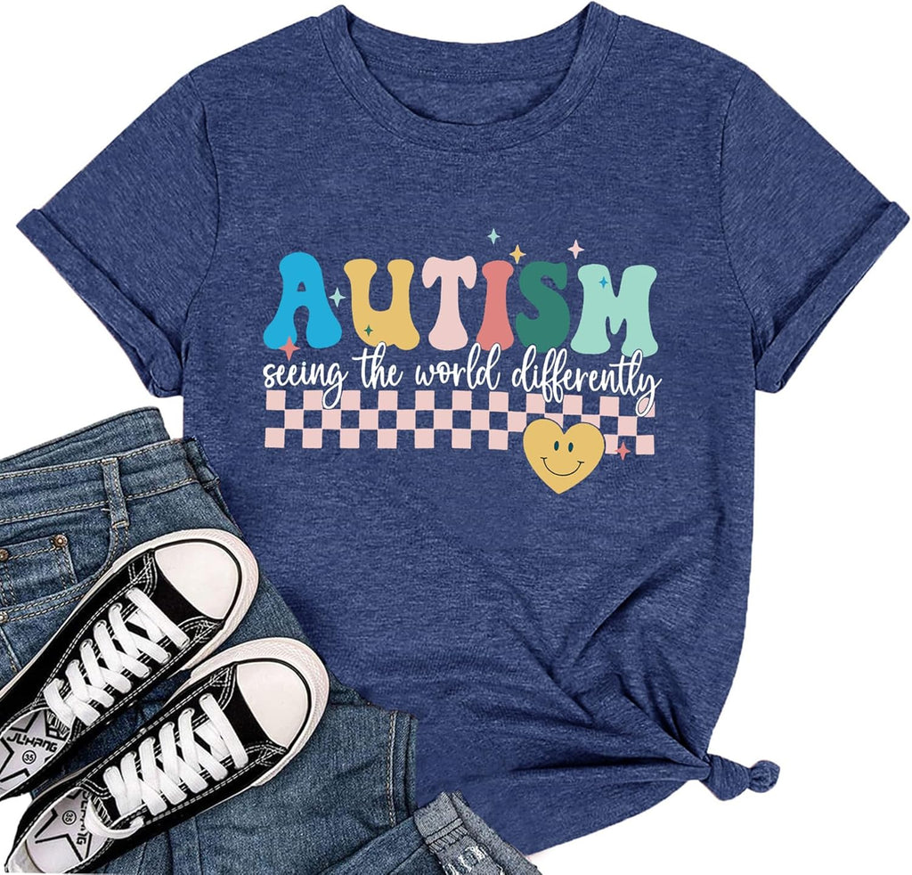 YZMI Autism Awareness Shirt Womens Autism Acceptance Month Grahic Short Sleeve Tee Tops