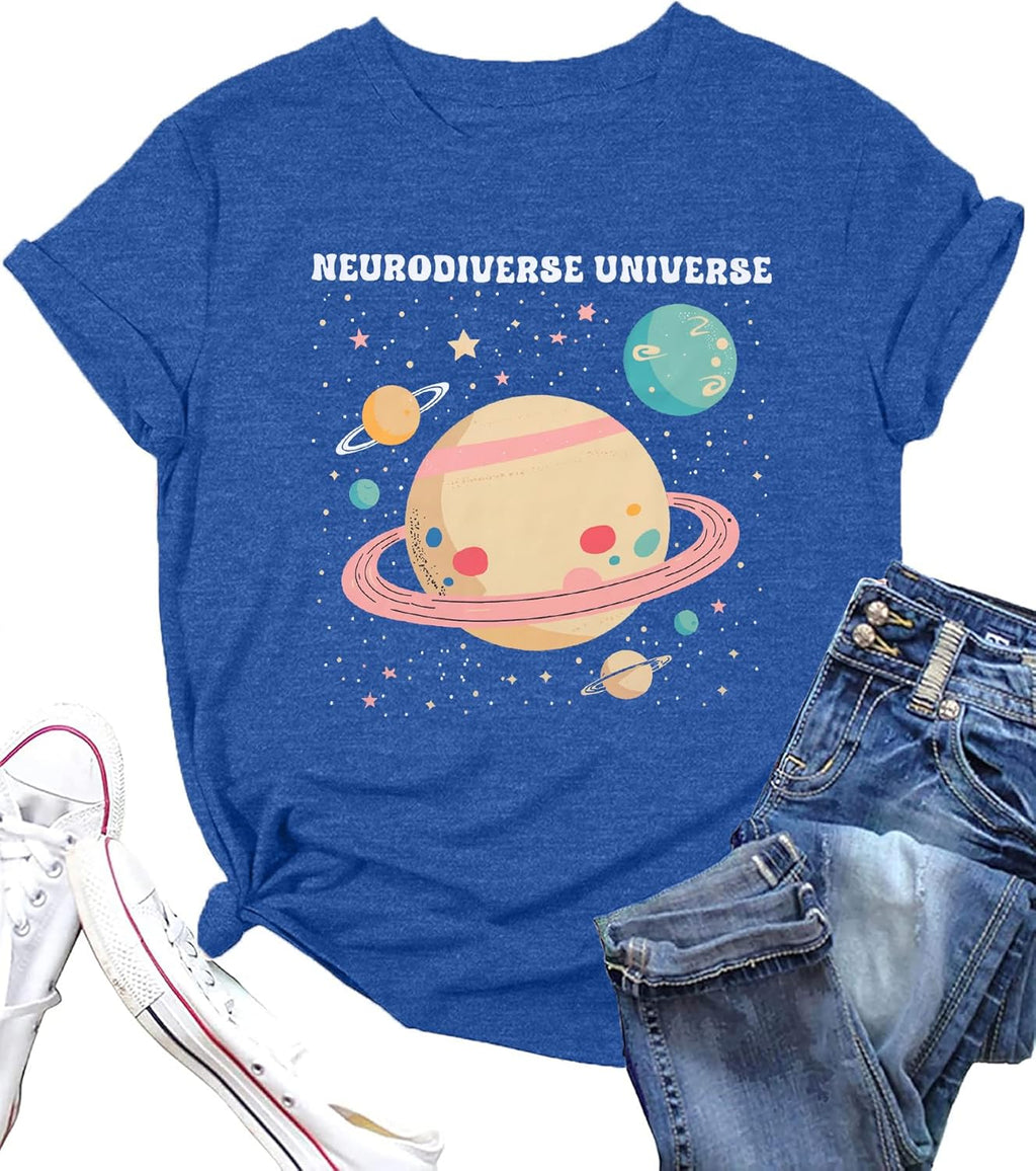 Autism Awareness Shirt Women Neurodiverse Universe Shirts Sped Teacher Tshirt Neurodiversity Short Sleeve Tee Tops