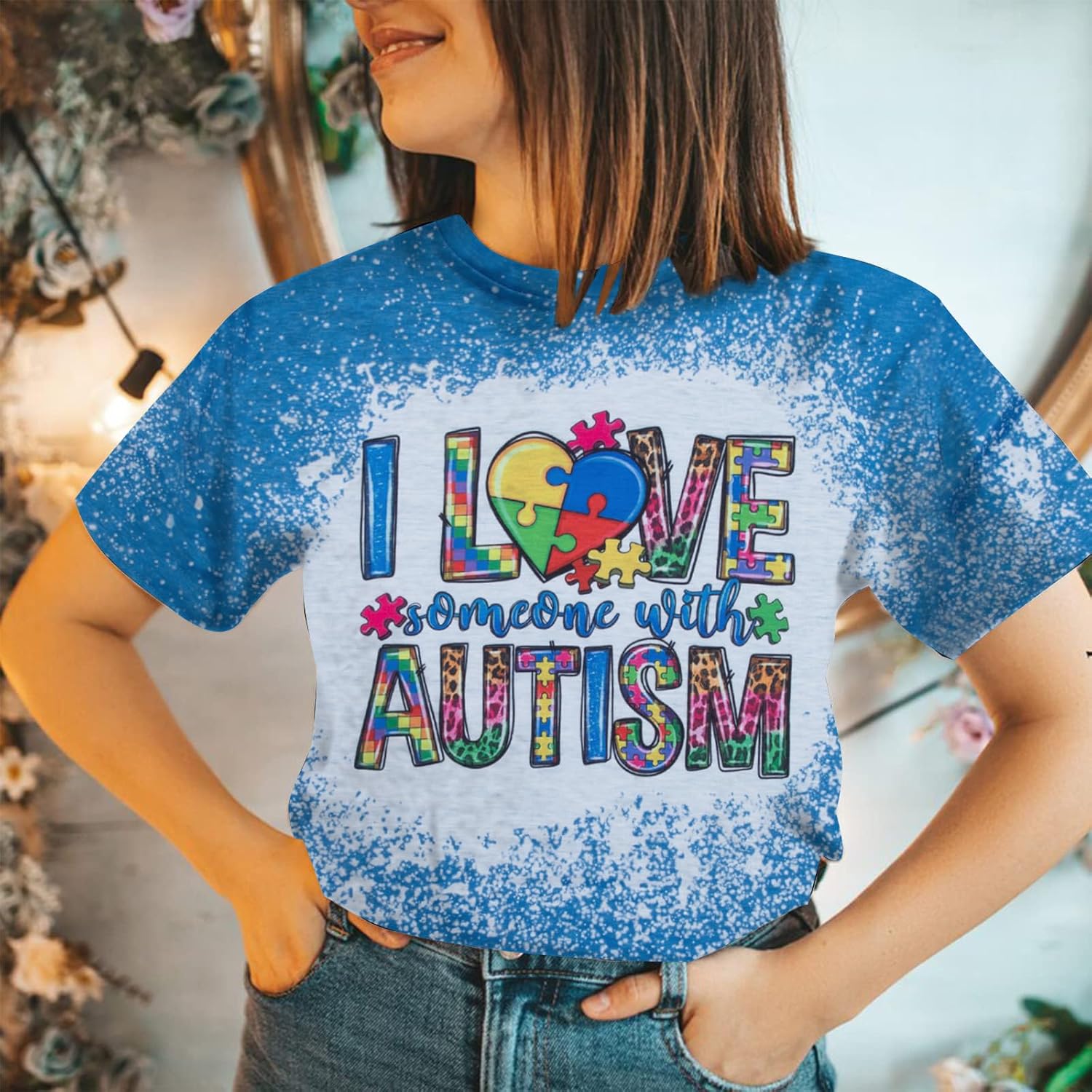 Autism Awareness Shirt Women Autism Shirts Autism Support Tops in April Blue Autism Mom Clothes Special Education Tees