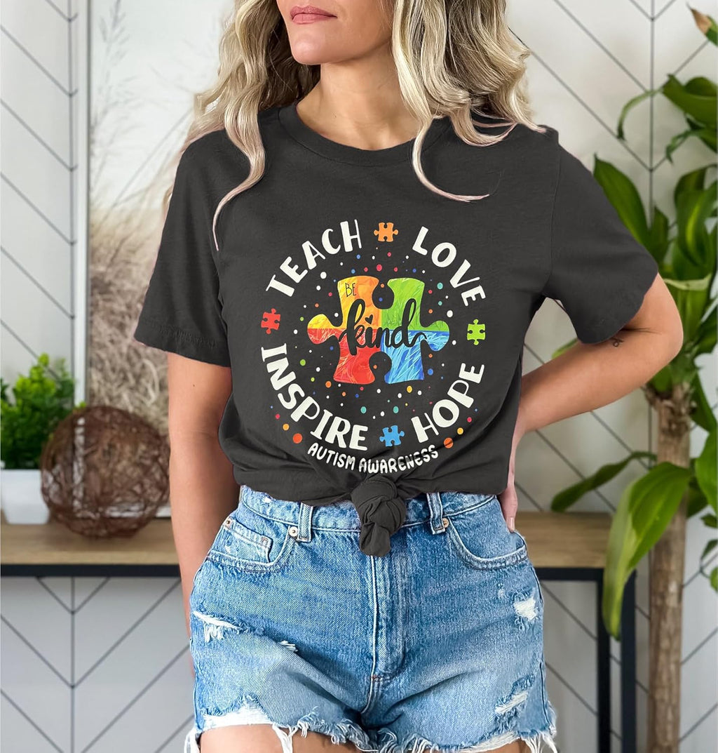 Autism Awareness Shirt Women Special Education Teacher T Shirt Short Sleeve Puzzle Piece Graphic Tee Tops