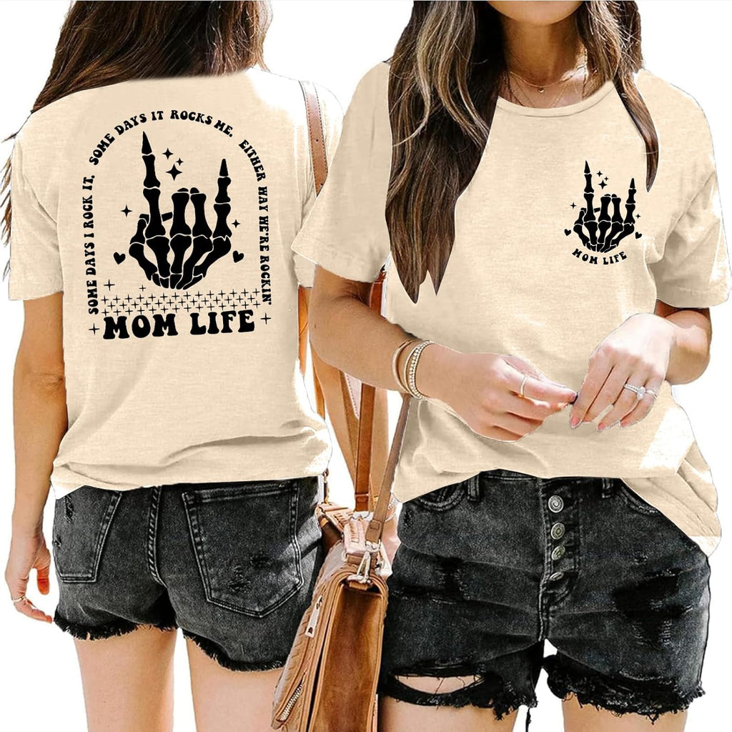Women Mom Life T-Shirts Leopard Lips Stripe Graphic Shirts Funny Letter Printed Tee Mother's Day Casual Blouse Mother Shirt