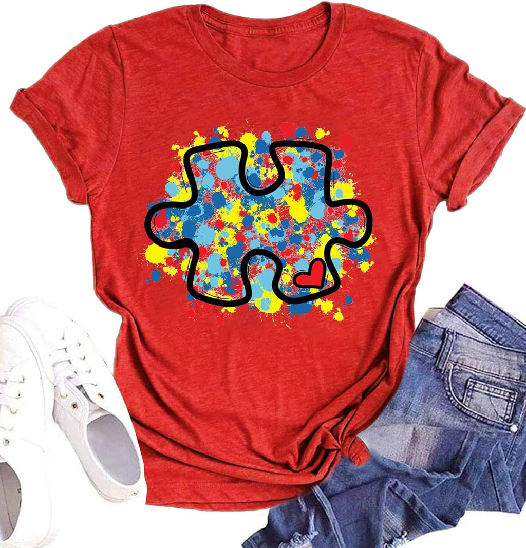Autism Support Shirt Women Autism Awareness T-Shirt Special Education Teacher Tee Autism Puzzle Tops