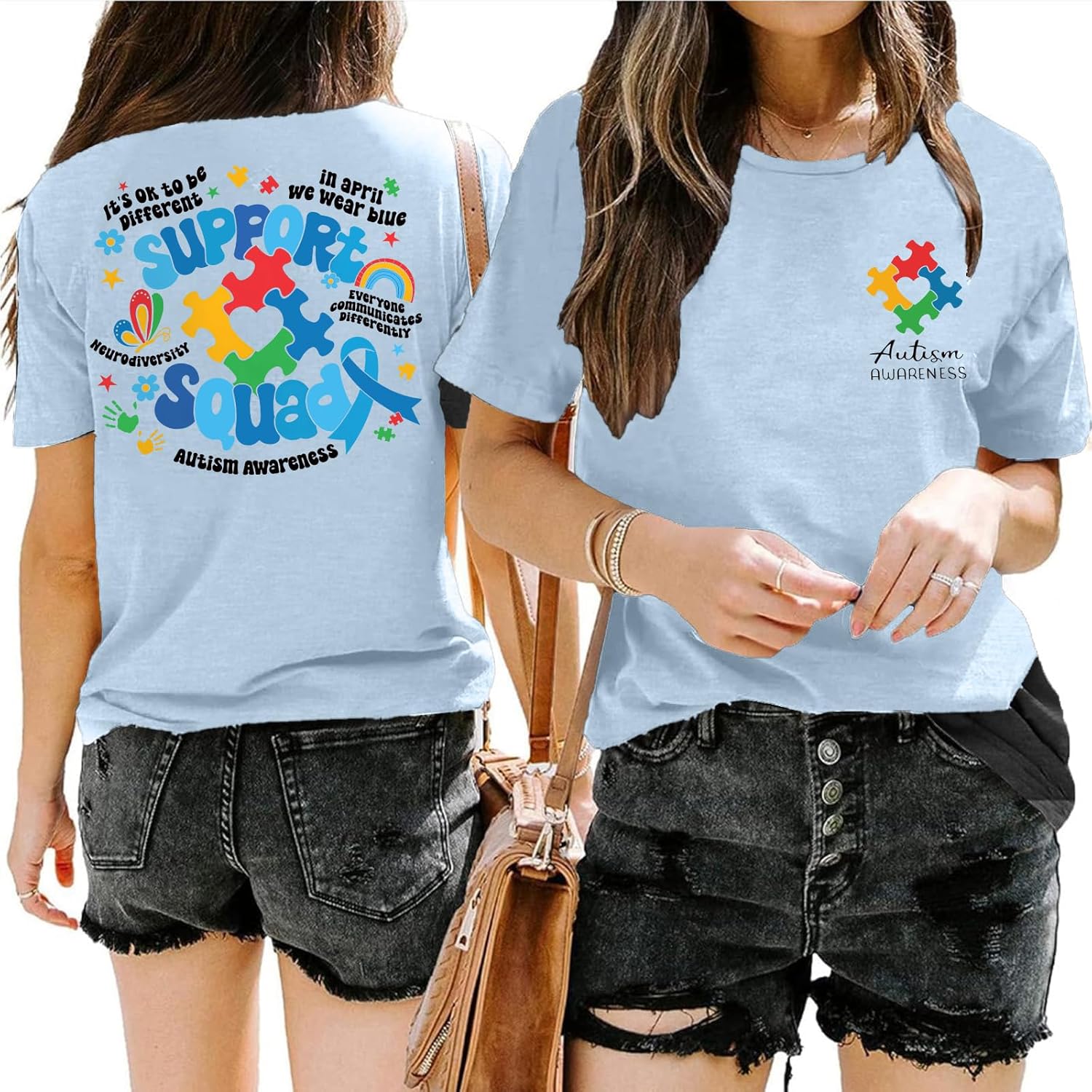 Autism Awareness Shirt Women in April We Wear Blue Shirts Special Education Teacher Shirt Autism Puzzle Short Sleeve Tops