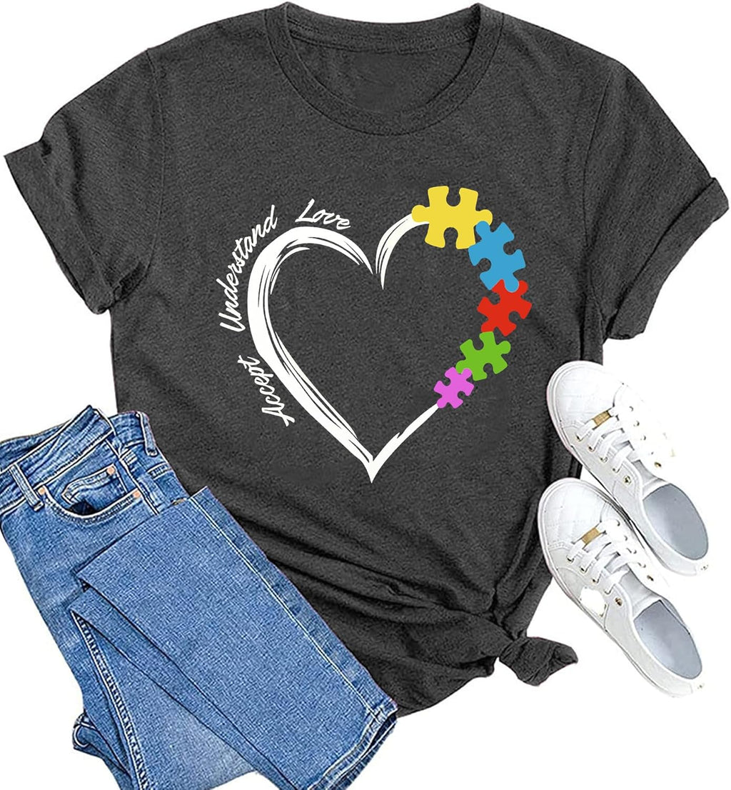 MAIHUN Autism Awareness Shirt for Women - Accept, Understand, Love Autism - Teacher Tshirt - Support Month Tee