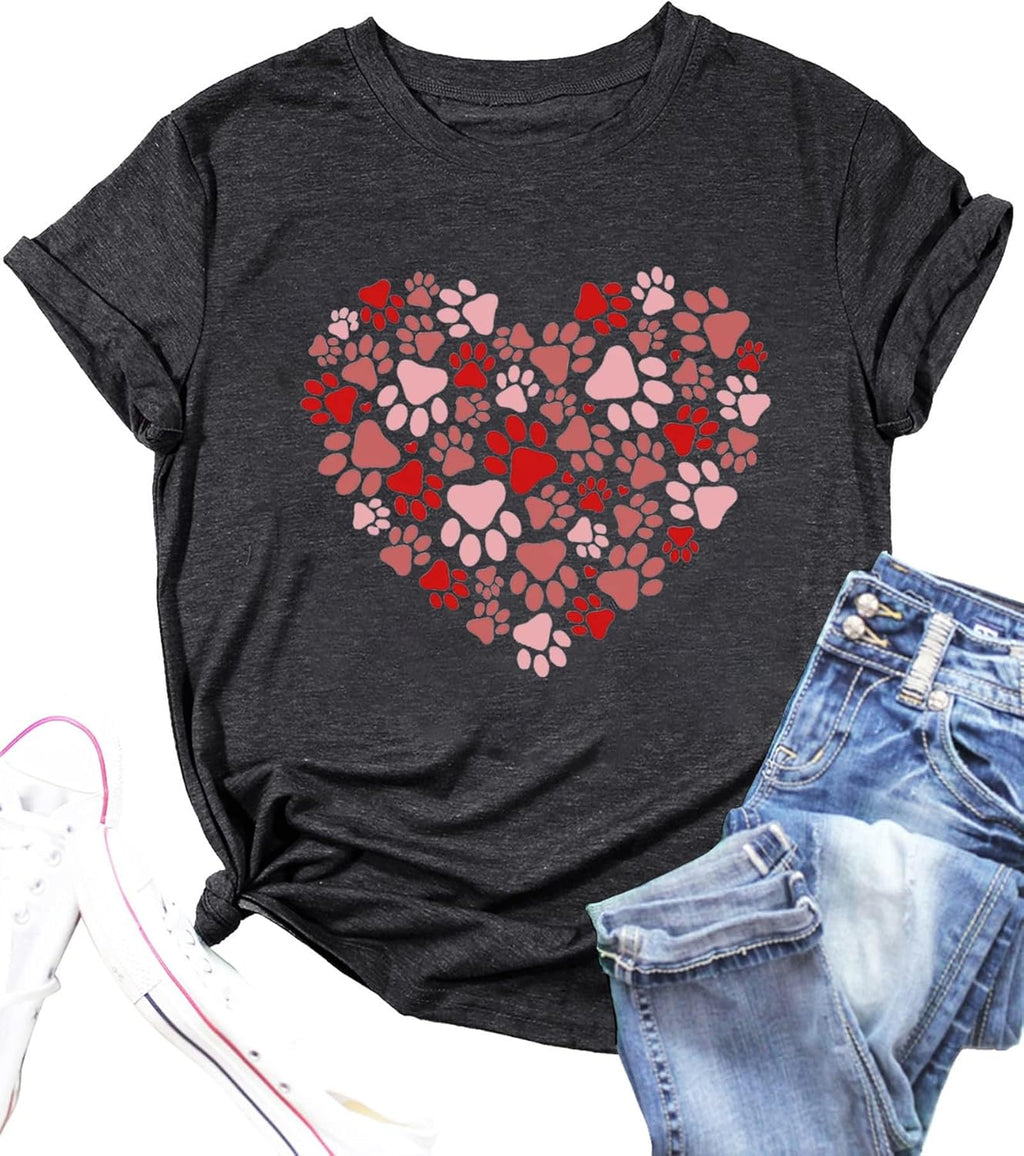 Dog Lovers Shirt for Women Cute Dog Paw Heart Graphic Shirt Dog Mom Valentine's Mother's Day Tops Spring Tee