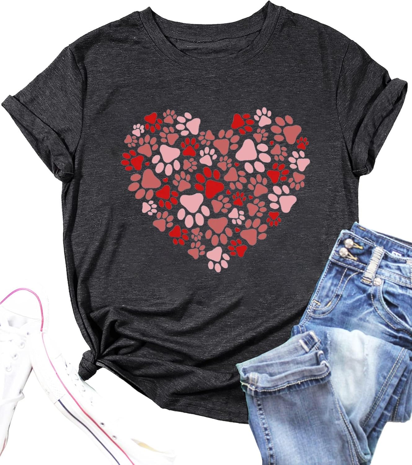 Dog Lovers Shirt for Women Cute Dog Paw Heart Graphic Shirt Dog Mom Valentine's Mother's Day Tops Spring Tee