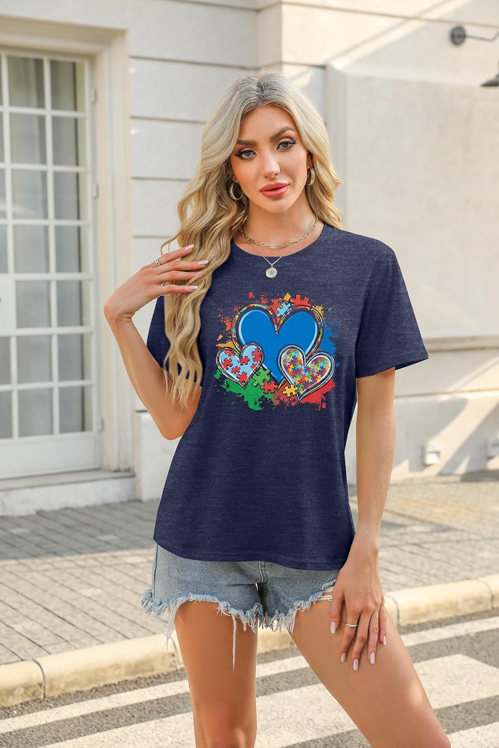 Autism Awareness Shirt Women Autistic Support Graphic T-Shirt Blue Heart Puzzle Inspirational Short Sleeve Tee Tops