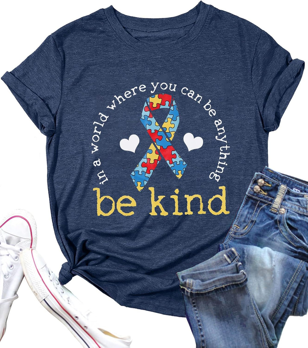 Be Kind Shirt for Women Autism Awareness T Shirts Autism Puzzle Graphic Casual Positive Tee Tops