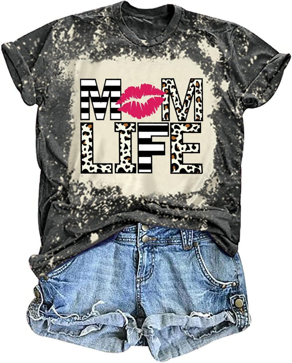 Women Mom Life T-Shirts Leopard Lips Stripe Graphic Shirts Funny Letter Printed Tee Mother's Day Casual Blouse Mother Shirt