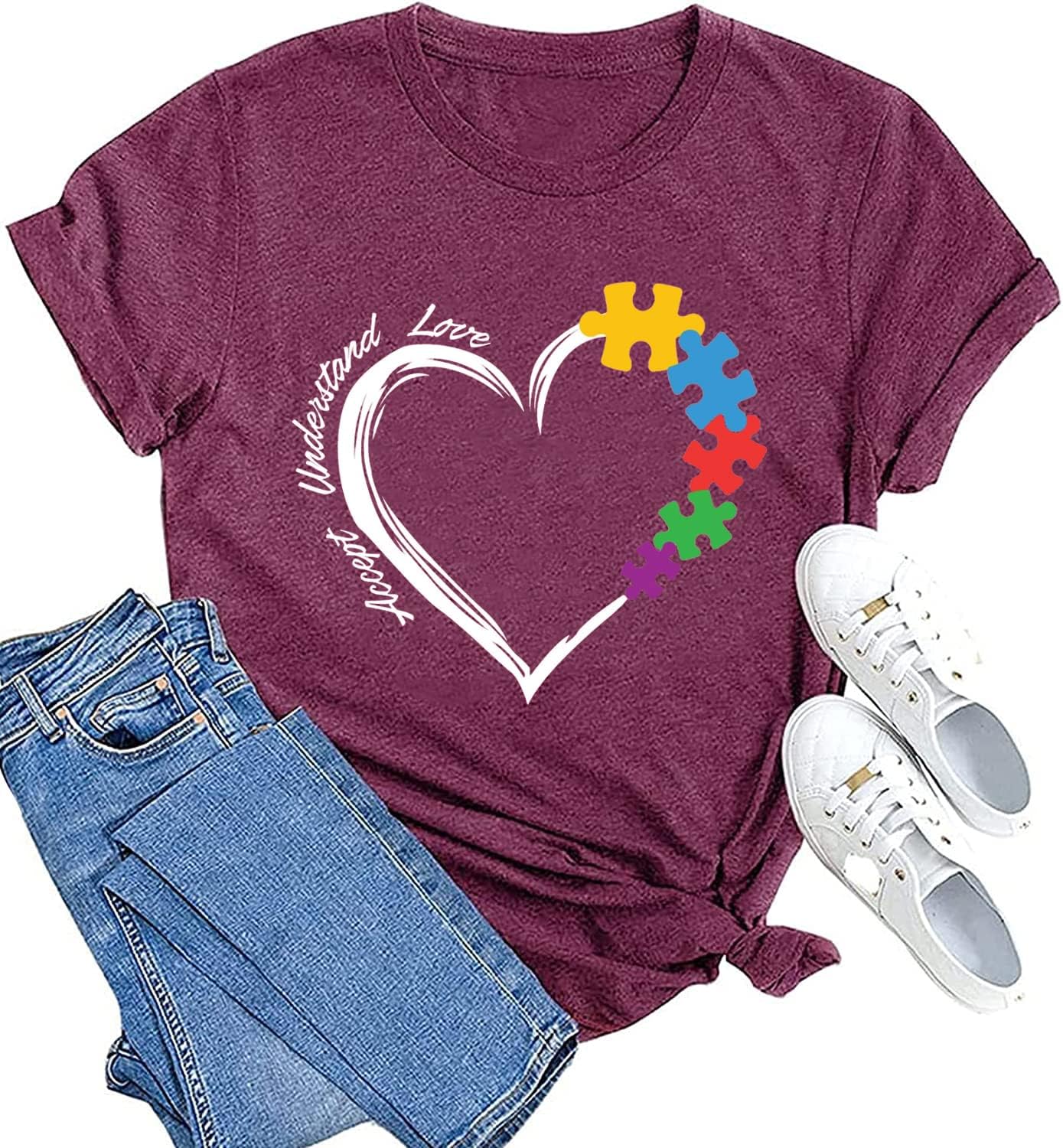 Autism Teacher Shirt Women's Autism Awareness Tshirt Accept Understand Love Tee Puzzle Piece Graphic Short Sleeve Top