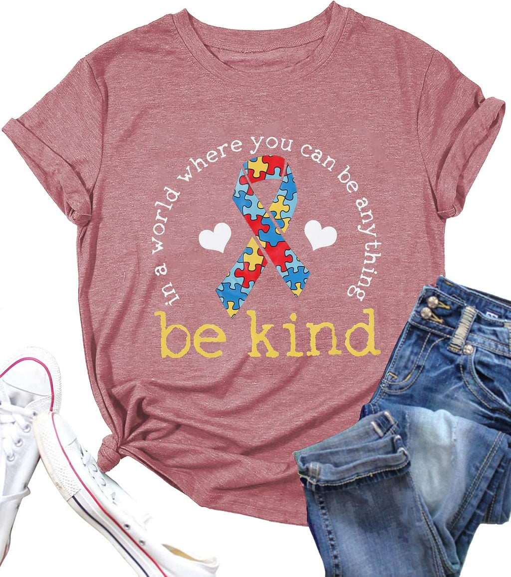 Be Kind Shirt for Women Autism Awareness T Shirts Autism Puzzle Graphic Casual Positive Tee Tops