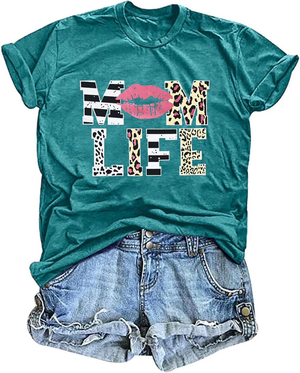 Women Mom Life T-Shirts Leopard Lips Stripe Graphic Shirts Funny Letter Printed Tee Mother's Day Casual Blouse Mother Shirt