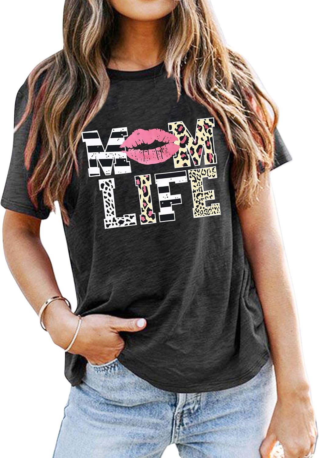 Women Mom Life T-Shirts Leopard Lips Stripe Graphic Shirts Funny Letter Printed Tee Mother's Day Casual Blouse Mother Shirt