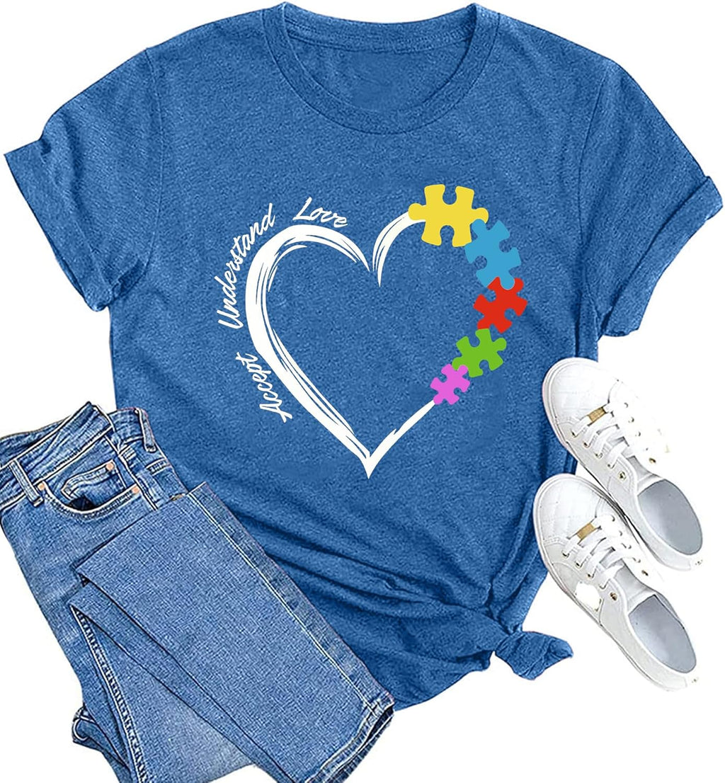 MAIHUN Autism Awareness Shirt for Women - Accept, Understand, Love Autism - Teacher Tshirt - Support Month Tee