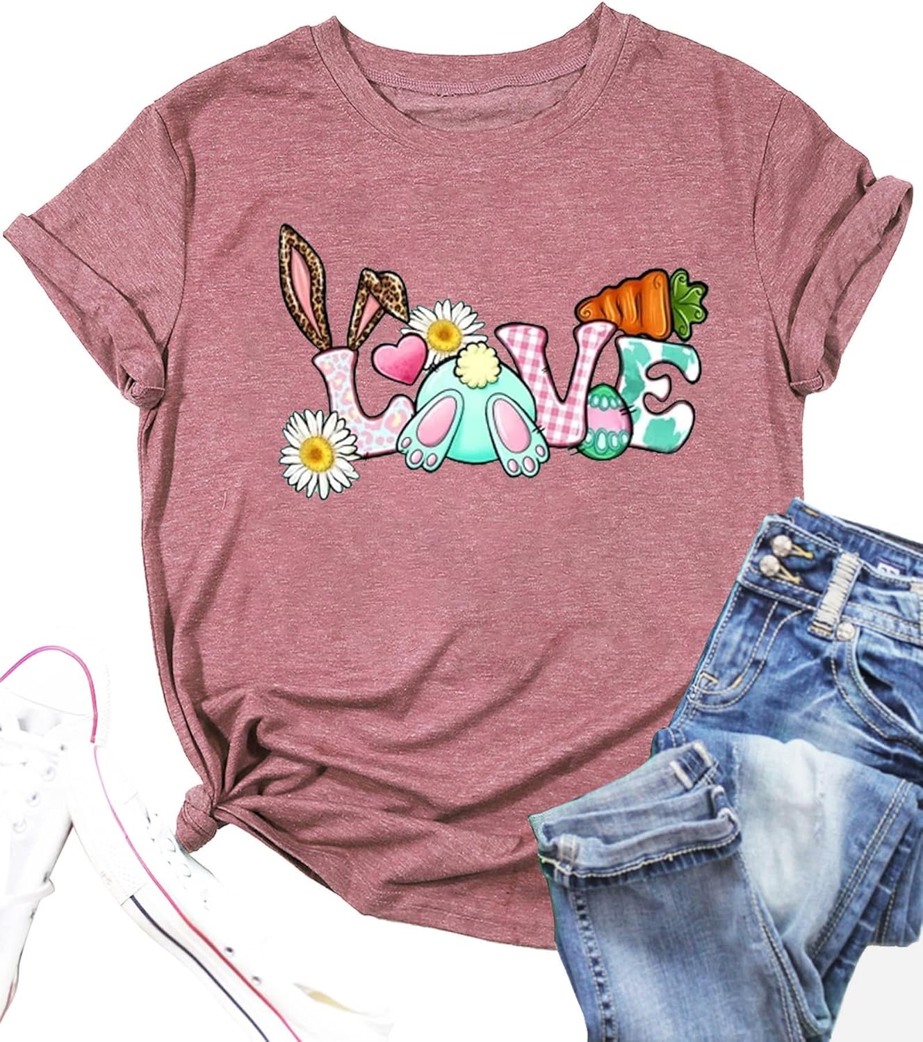 Bunny with Leopard Glasses Shirts for Women Cute Easter Graphic T Shirt Casual Spring Tops Comfortable Tee