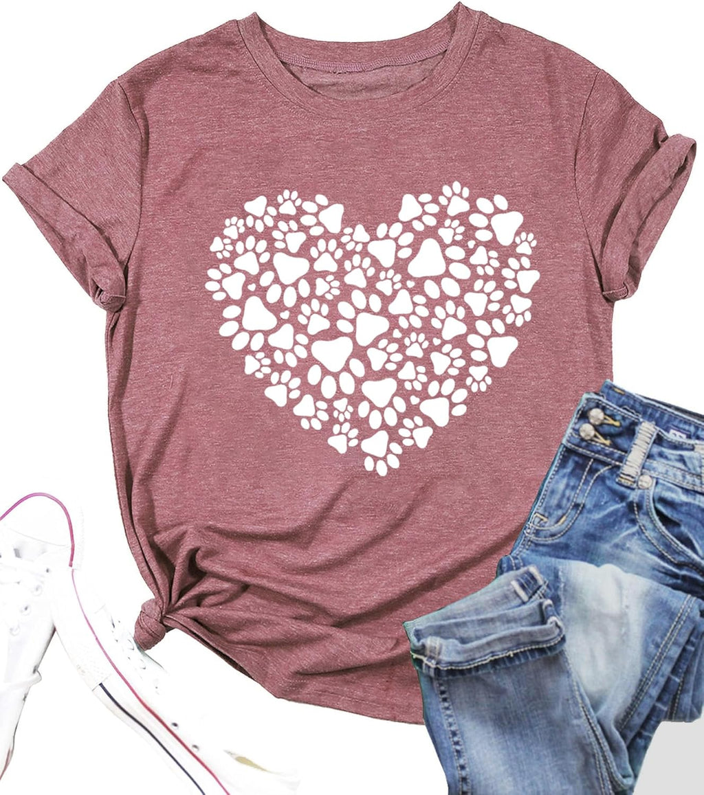 Dog Lovers Shirt for Women Cute Dog Paw Heart Graphic Shirt Dog Mom Valentine's Mother's Day Tops Spring Tee