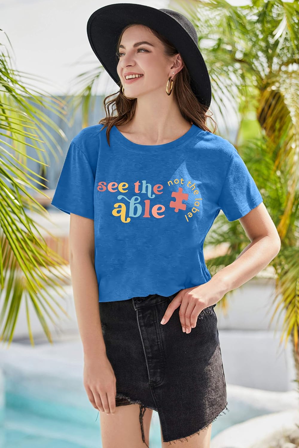 Autism Awareness Shirt Autistic Shirts: Women See The Able Not The Label Rainbow Tee Mental Health Support Short Sleeve Tops