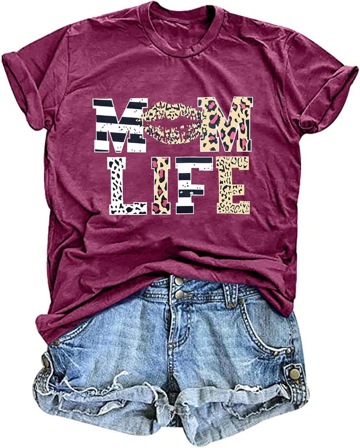 Women Mom Life T-Shirts Leopard Lips Stripe Graphic Shirts Funny Letter Printed Tee Mother's Day Casual Blouse Mother Shirt