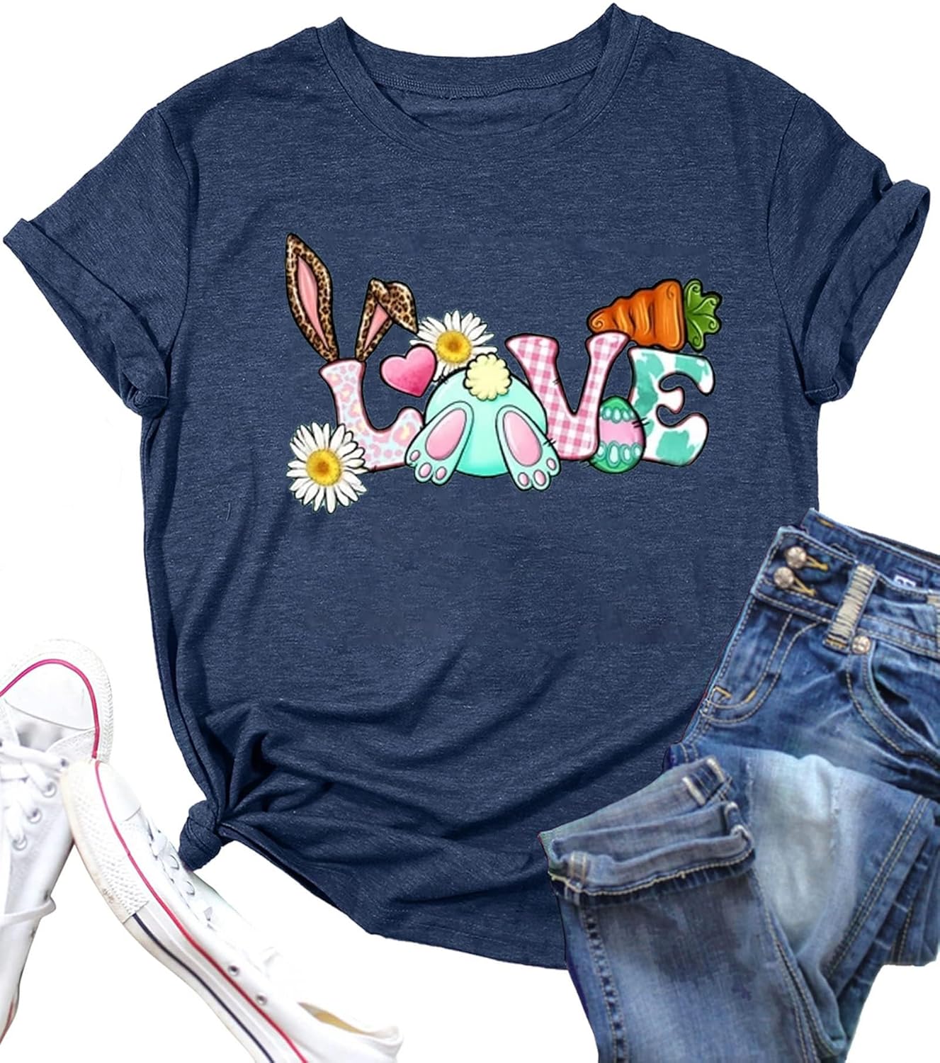 Bunny with Leopard Glasses Shirts for Women Cute Easter Graphic T Shirt Casual Spring Tops Comfortable Tee