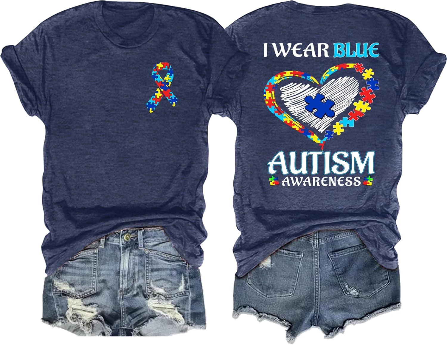 Ithalt Autism Awareness Shirt for Women I Wear Blue Tshirt Autistic Mom T-Shirt Puzzle Piece Short Sleeve Tops