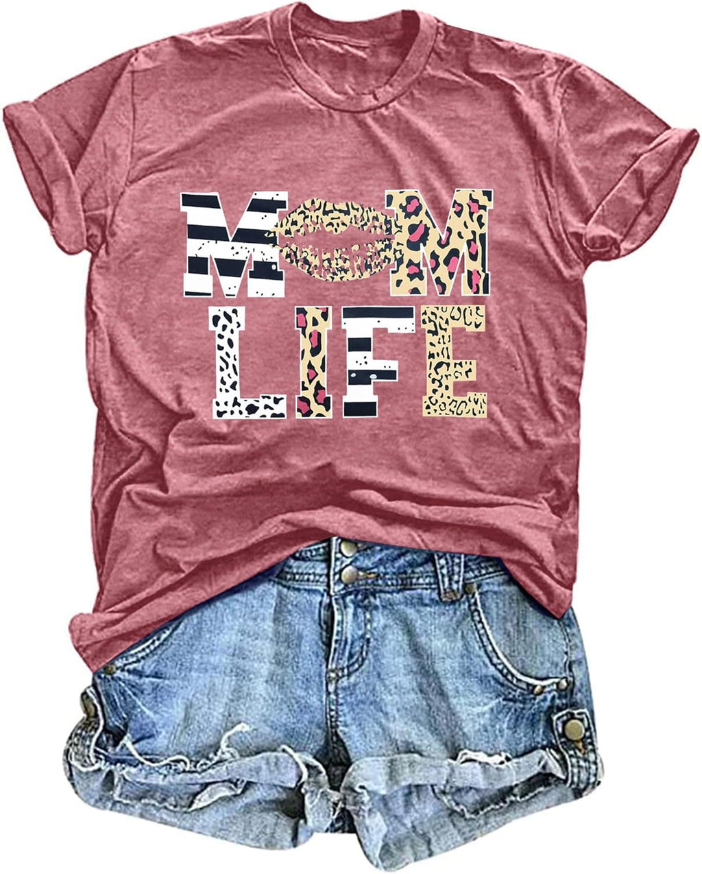 Women Mom Life T-Shirts Leopard Lips Stripe Graphic Shirts Funny Letter Printed Tee Mother's Day Casual Blouse Mother Shirt