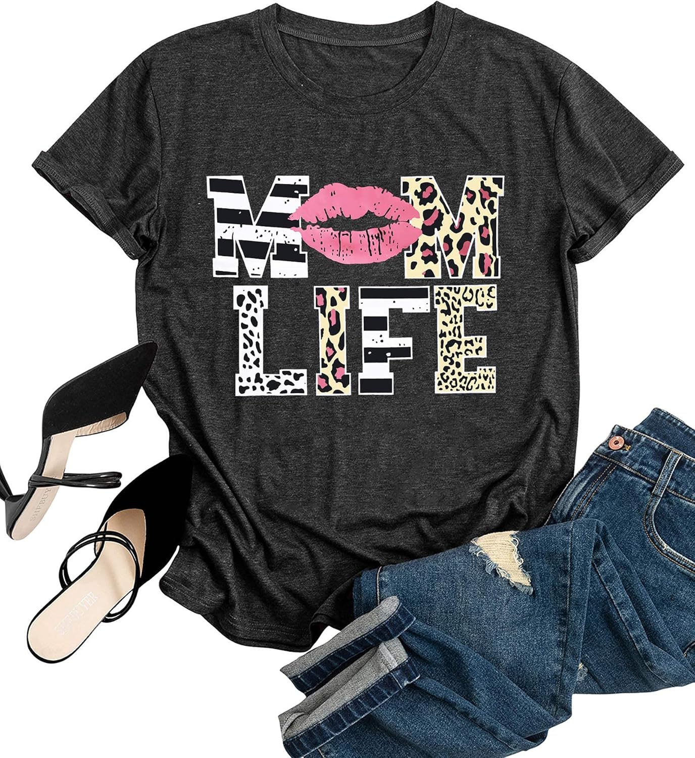 Women Mom Life T-Shirts Leopard Lips Stripe Graphic Shirts Funny Letter Printed Tee Mother's Day Casual Blouse Mother Shirt