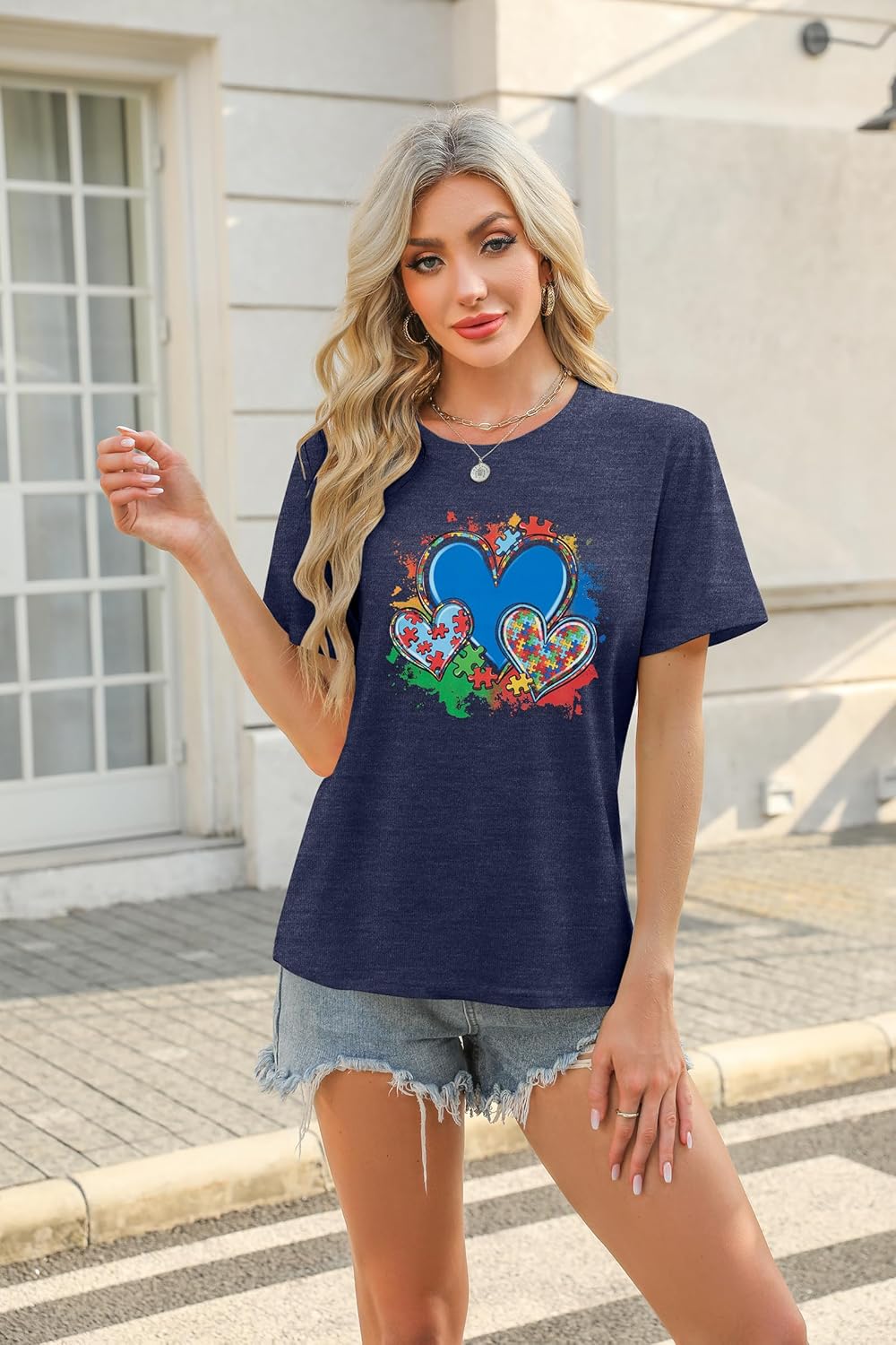 Autism Awareness Shirt Women Autistic Support Graphic T-Shirt Blue Heart Puzzle Inspirational Short Sleeve Tee Tops