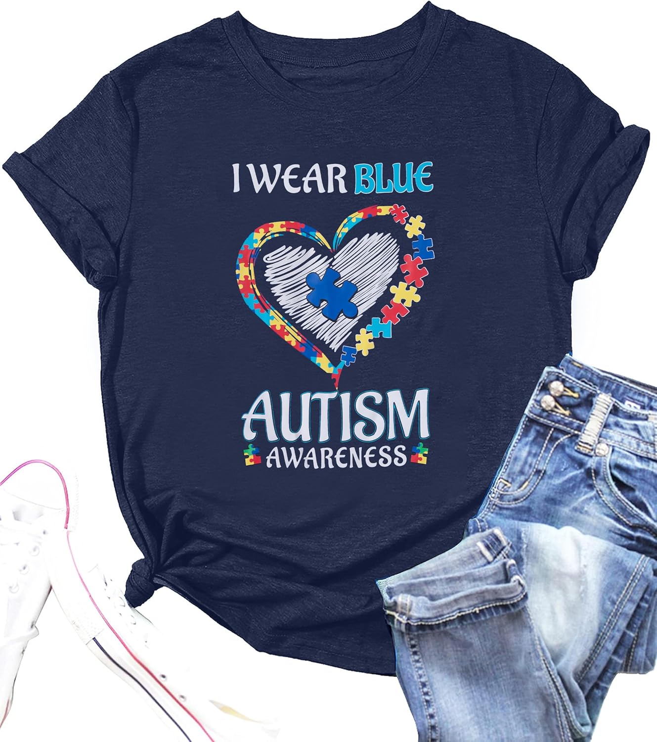 Autism Awareness Shirt Women Blue Ribbon T-Shirt I Wear Blue Tshirt Autism Support Tee Causal Short Sleeve Tee Tops