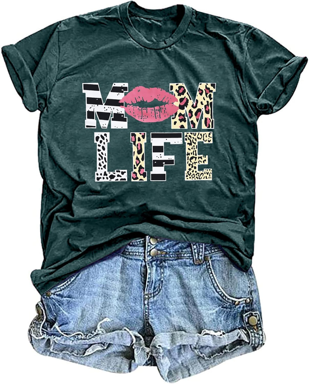 Women Mom Life T-Shirts Leopard Lips Stripe Graphic Shirts Funny Letter Printed Tee Mother's Day Casual Blouse Mother Shirt