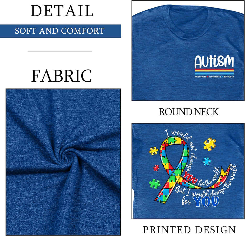 Ithalt Autism Awareness Shirt for Women I Wear Blue Tshirt Autistic Mom T-Shirt Puzzle Piece Short Sleeve Tops