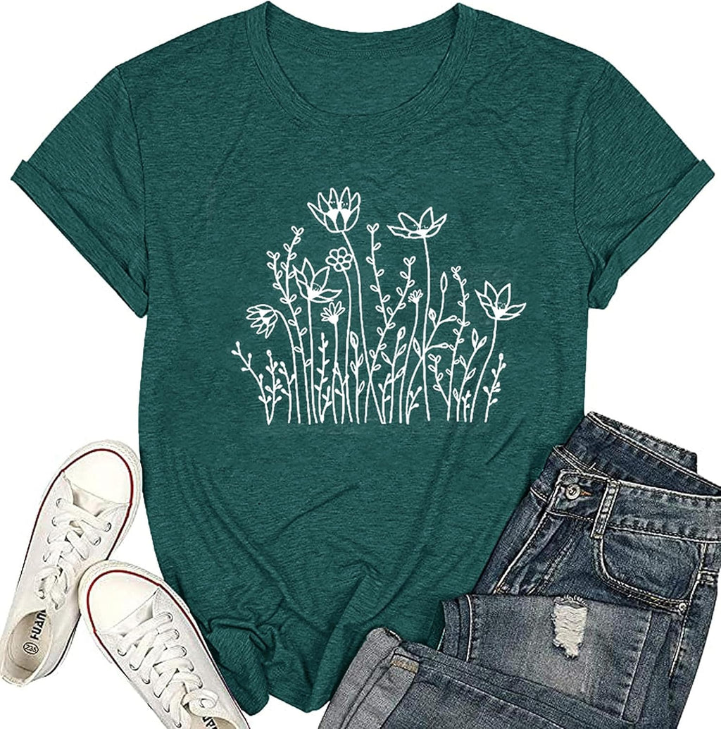 Women Graphic Tees Cute Nature Flower Printed Funny Short Sleeve Tops Vintage Novelty Casual Teacher Shirt